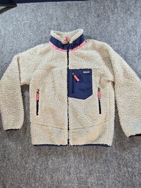 Patagonia Girls Fleece Jacket Size 12 Cream Navy Pink Full Zip Cozy